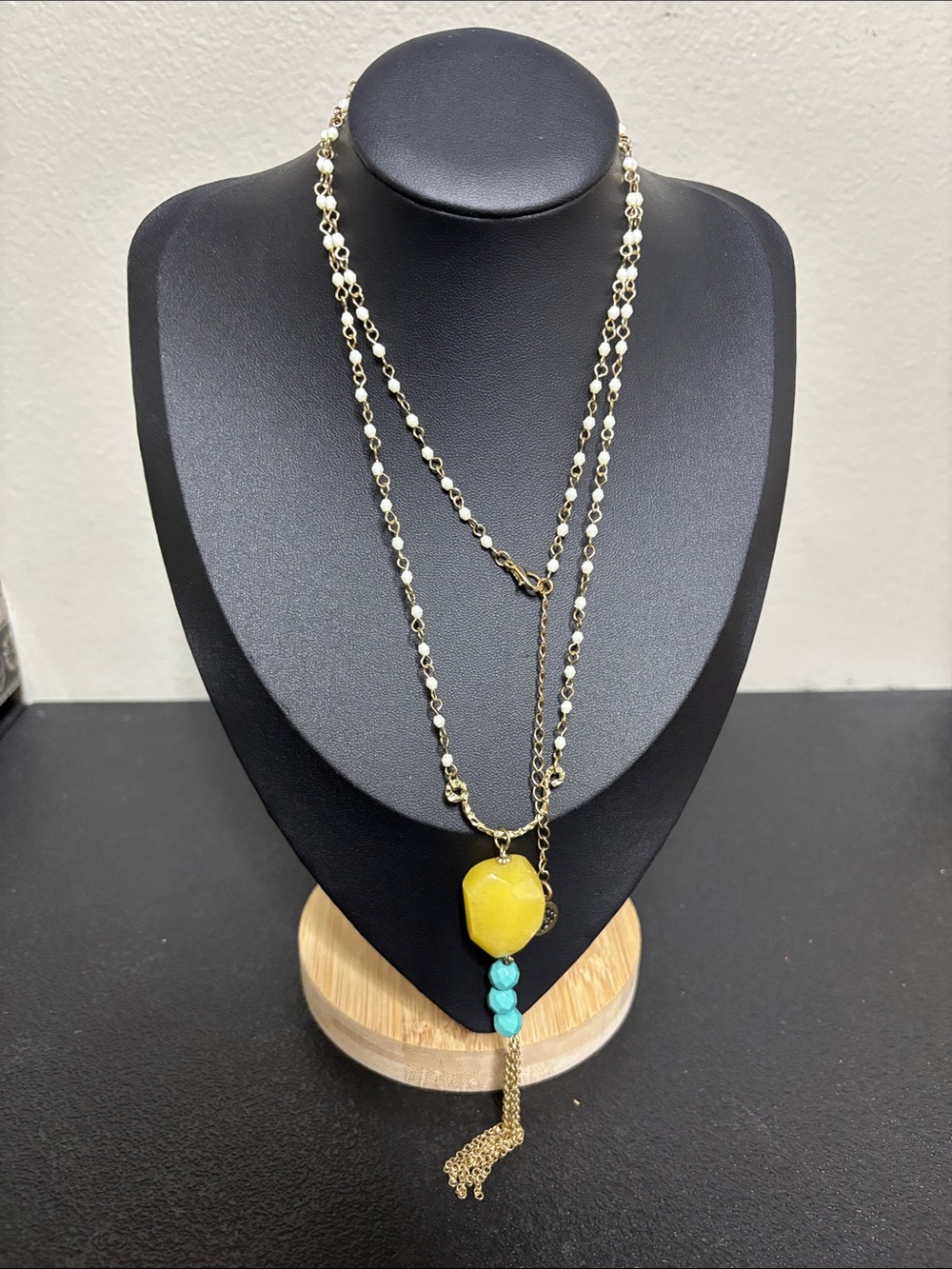 Marked Gold-Tone Layered Necklace Yellow Pendant and Turquoise Bead Accent